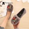 Fashion Winter Plush Creepers Non-slip Loafers Luxury Rabbit Hair Warm Slip-on Moccasins Trendy Embroider Flower Beading Cotton Shoes 43