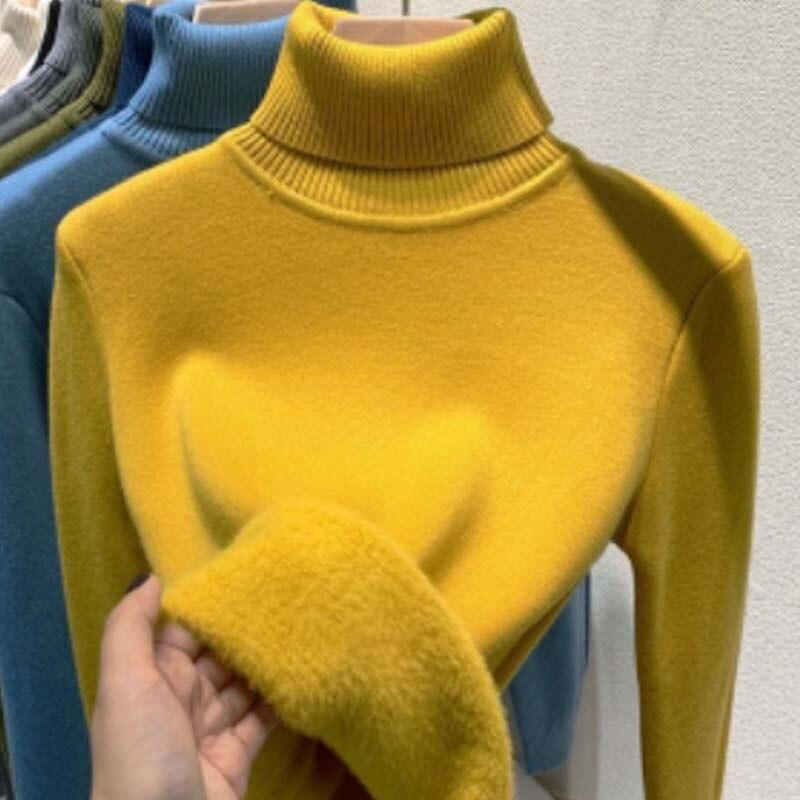 Зимний элегантный теплый свитер с высоким воротником, женский модный утепленный вязаный пуловер на бархатной подкладке, тонкие топы, повседневный трикотаж 29260