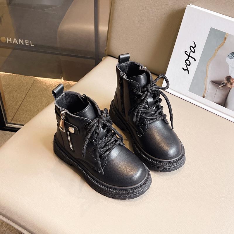 Девичьи ботильоны Весна Осень Дышащие Детские Модные Ботинки Детские Черные Кожаные Ботинки на Молнии Сбоку 2024 Новинка