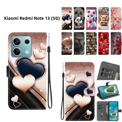 Чехол-книжка из искусственной кожи ручной работы для Xiaomi Redmi Note 13 (5G) Противоскользящий ударопрочный чехол с ремешком на запястье и дизайнами в виде сердец/роз и кошек