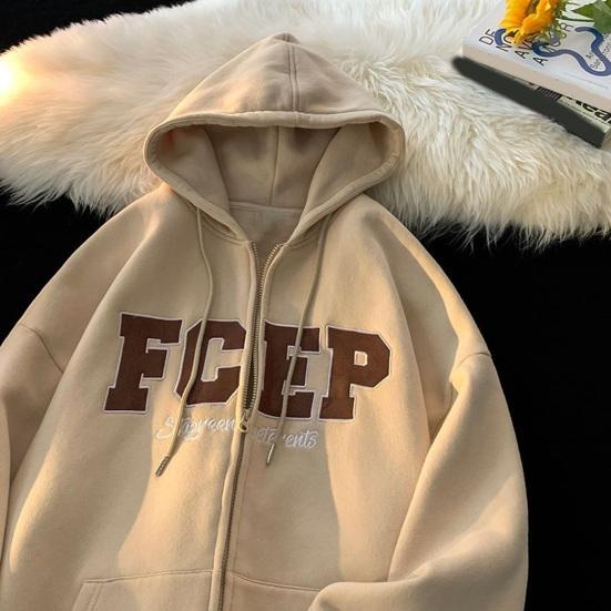 Мужское осенне-зимнее пальто с капюшоном, свободный кардиган на молнии с капюшоном и вышитыми буквами, верхняя одежда