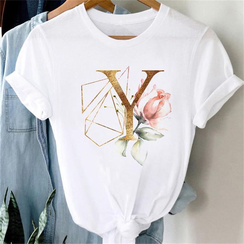 Custom Name Letter Combination Women T Shirt Floral Gold Letter Font A B C D Print Short Sleeve Tee Tops Female T-shirt Clothes
