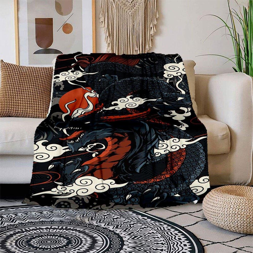 "Japanese Dragon Wall Art Poster - Traditional Tattoo Style"Blanket Flannel Throw Blanket for Sofa, Bed, Travel, Camping, Office, Couch, Cha