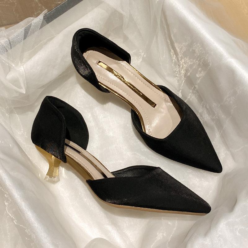 Fashion High Heel Women's 2024 New Mid Heel Pointed Shallow Mouth Hollow Single Shoes Thin Heel Small Size Women's Shoes