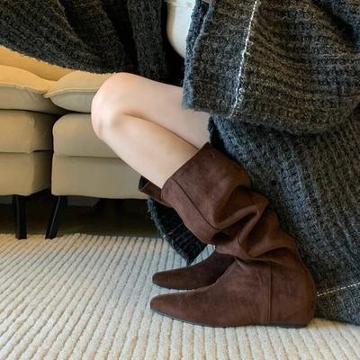 Версия из коровьей кожи! Yadan стиль западные ковбойские сапоги женские ретро нишевые с большим обхватом голенища тонкие с внутренней танкеткой плиссированные сапоги-чулки