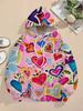 Women's casual hooded sweatshirt with colorful hearts and flowers style lively childlike print on pink background