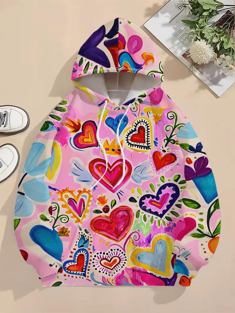 Women's casual hooded sweatshirt with colorful hearts and flowers style lively childlike print on pink background