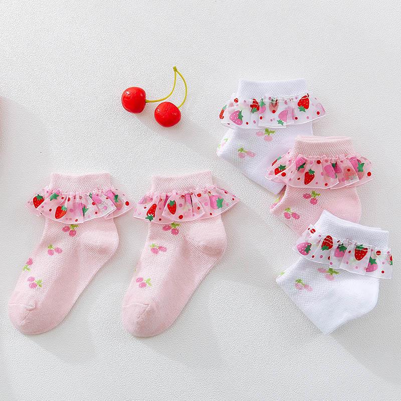 4 Pairs of Cute Strawberry Lace Socks for Children