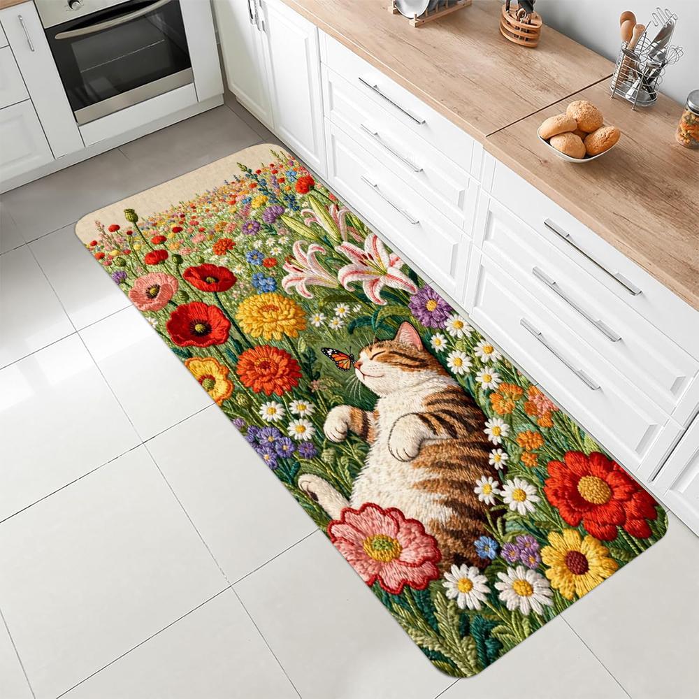 Cute Cat Flower Print Runner Rug Rustic Style Home Decor Faux Embroidery Long Carpet Soft Non-slip Floor Mat for Hallway Bedroom