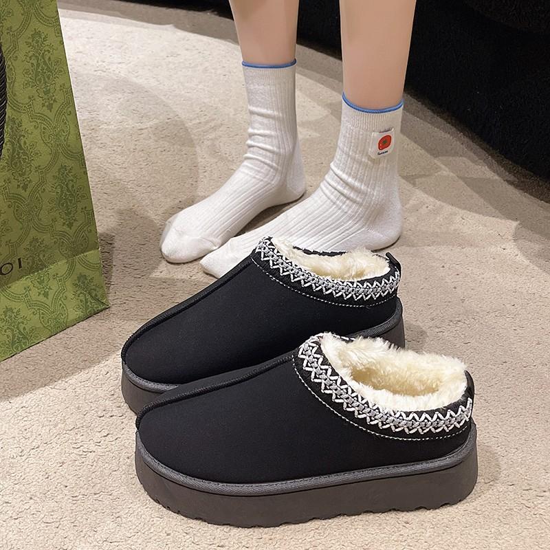 Women's Plus Size Fur Fleece One Foot Cotton Shoes Casual Short Tube Solid Color Thick Sole Snow Boots Velvet Half Slipper Shoes 36-43