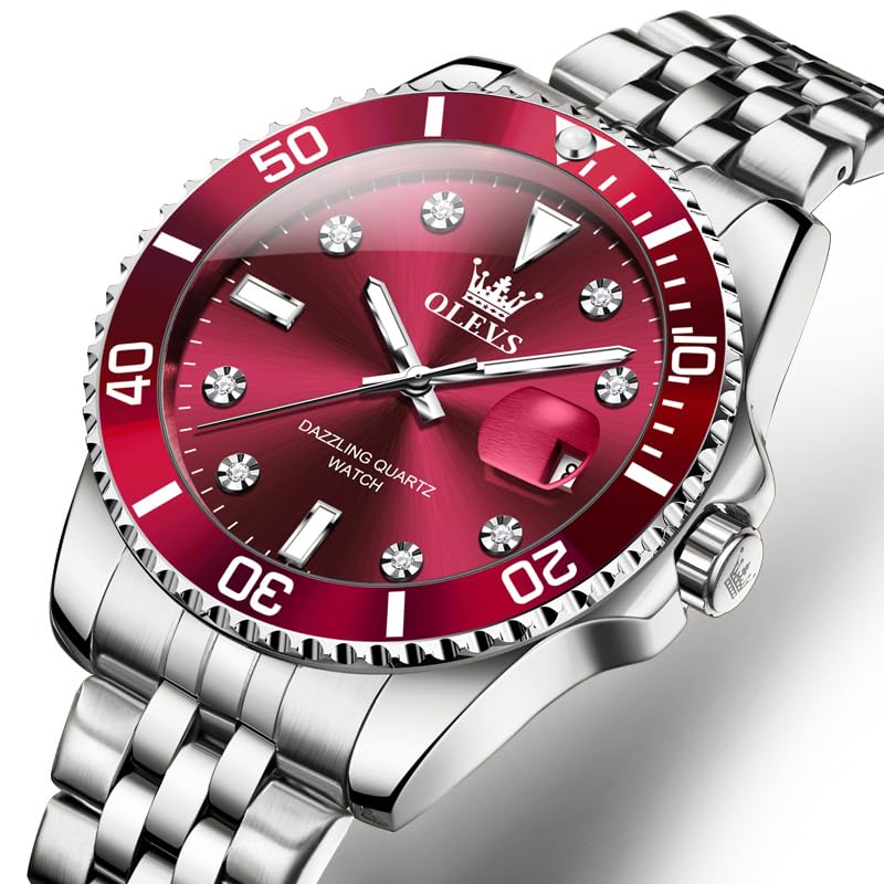 OLEVS Quartz Business Stylish Watch Waterproof Diamond Metal Band Date Luminous Present Watch for Men Red Men's Men's