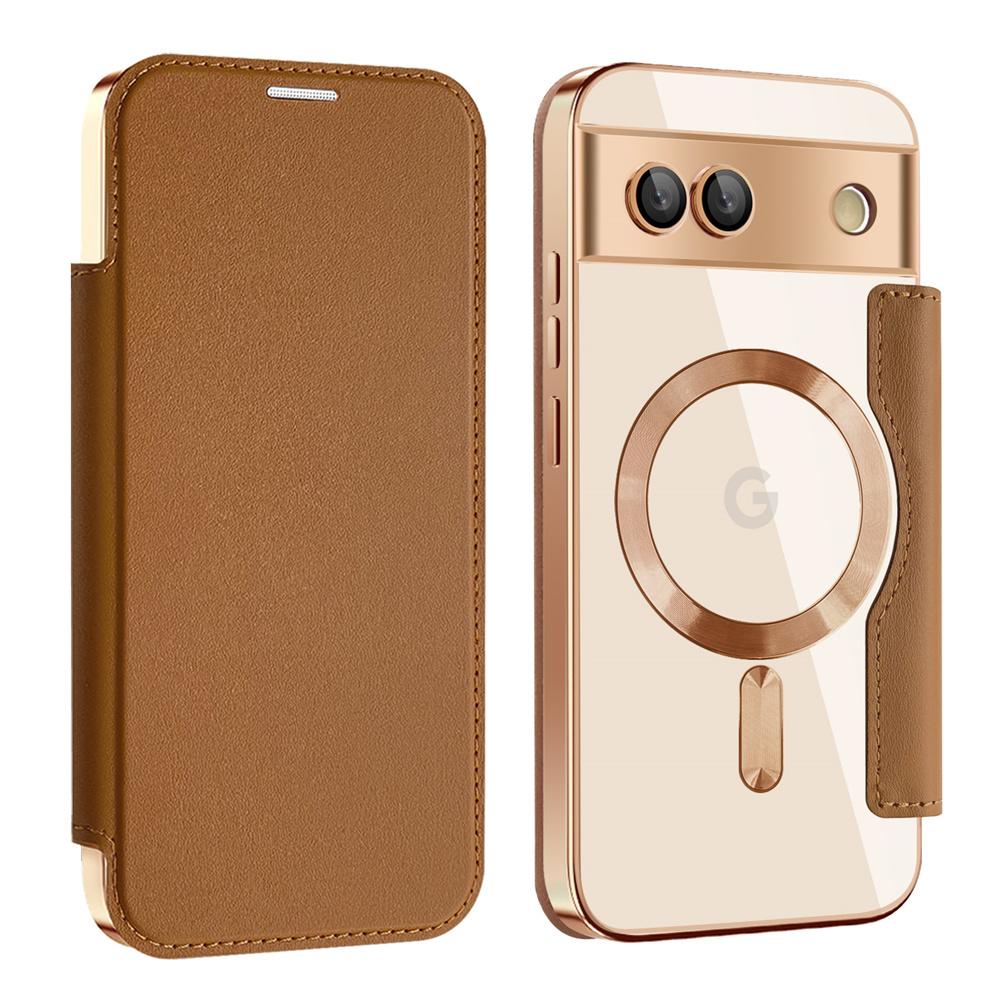 Luxury Leather Wallet Card Flip Clear Phone Case for Google Pixel 9 Pro XL 8A 7A Plating Magnetic Wireless Charging Shockproof Protect Cover