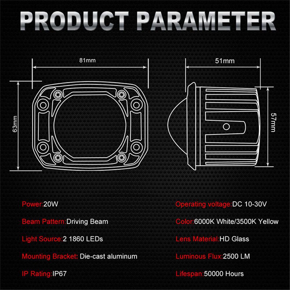 2Pcs 3 Inch 8D Lens Led Work Light 6000K White 3500K Yellow Flush Mount Driving Light Fog Lights for Car Truck Off Road 4x4 12V 24V