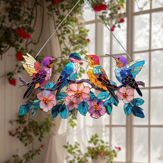 Красочные птицы Ловец солнца Акриловое подвесное украшение Витражный стиль Ловец солнца Подарок для любителей птиц для декора дома, окна, сада, веранды