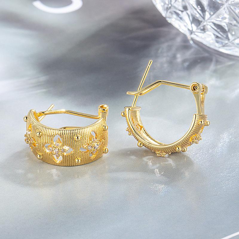 Vintage Italian Handcrafted Brass Hoop Brushed Gold Plated Hollow Four-leaf Clover Zircon Earrings
