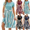 Summer Women’s Casual Round Neck Pattern Printed Dress Short Sleeves Waist Bowknot Beach Party Midi Dresses