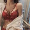 Women's Red Lace Bralette - French Style Gathered Design, Wireless, Anti-Sag