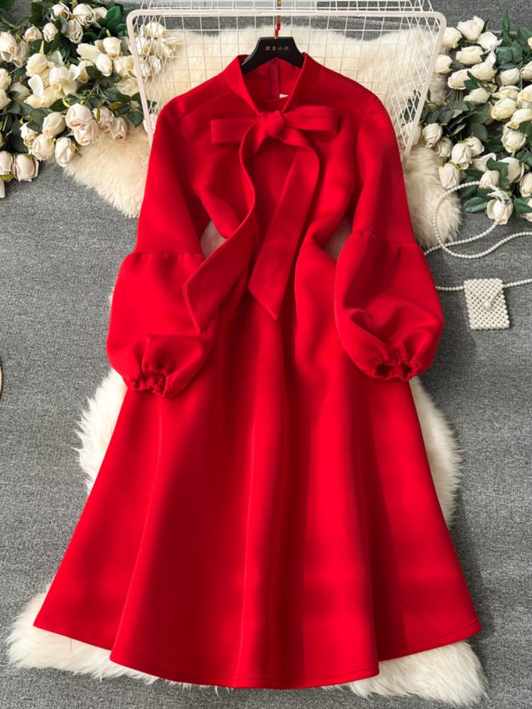 Милое стильное женское платье с бантом на шнуровке и фонариком с длинными рукавами, однотонные платья с высокой талией, осень-зима 2024, новинка 2024 г.