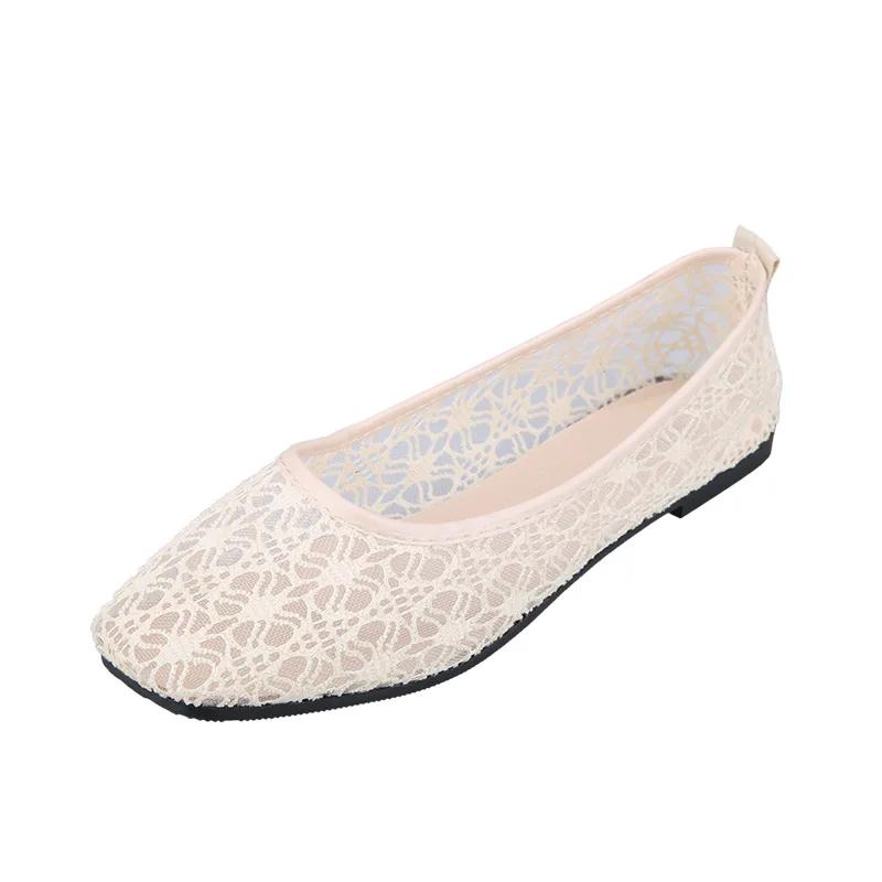 Женские прозрачные кружевные мягкие туфли на плоской подошве, женские пикантные черные туфли-лодочки с квадратным носком, летние дышащие бежевые нескользящие туфли на плоской подошве, размеры 35-40