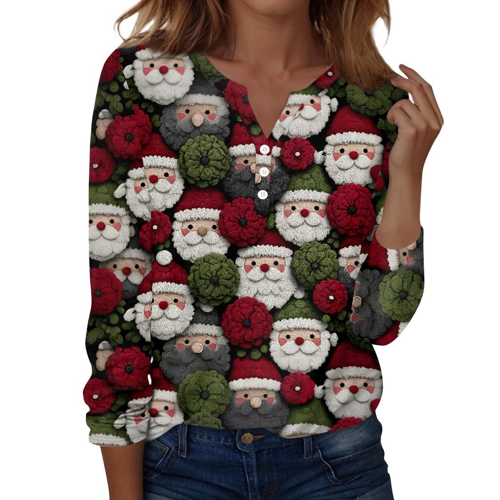 Women's Fashion Casual H Printed V-Neck Long Sleeve Decorative Button T-Shirt Tops