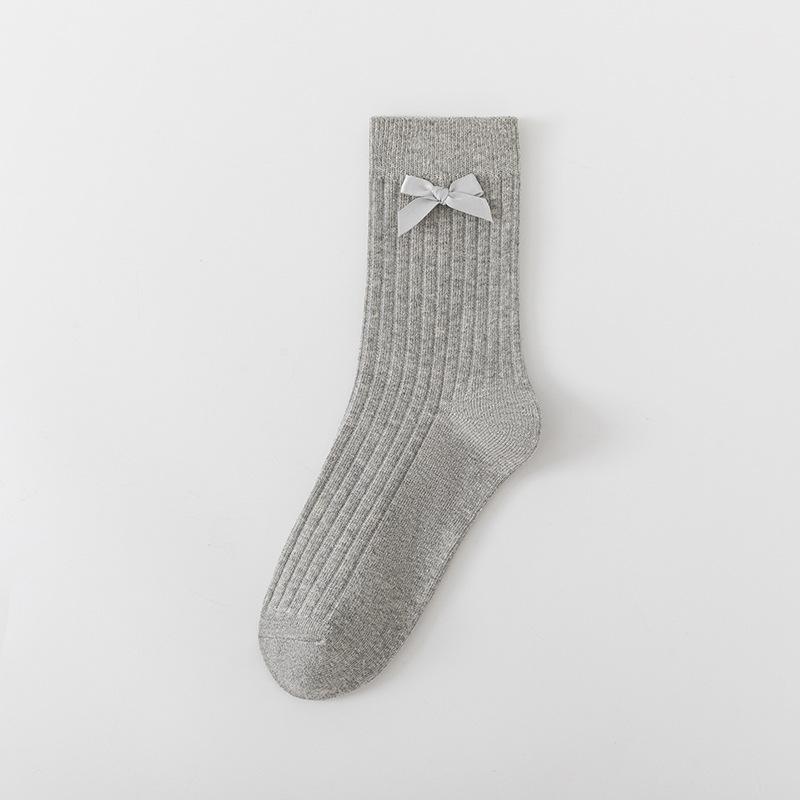 Ladies Fall Bow Ballet Style Solid Color Vertical Stripe Mid Tube Cotton Socks