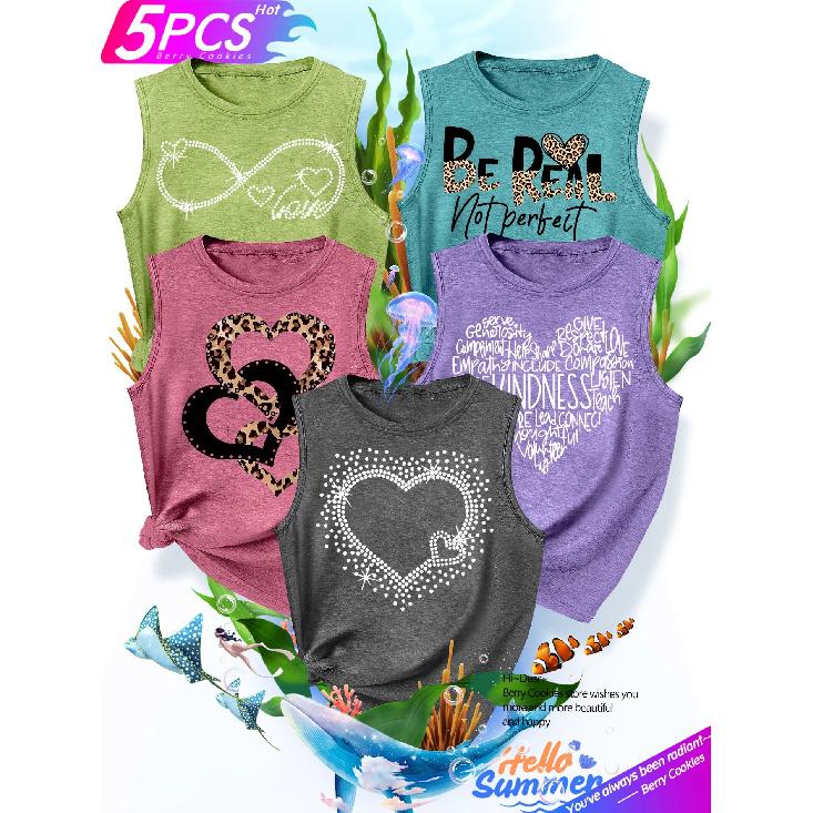 Five-piece set of matching outfits for best friends and sisters with heart-shaped leopard print Be Real Not Perfect Printed fashionable and elegant