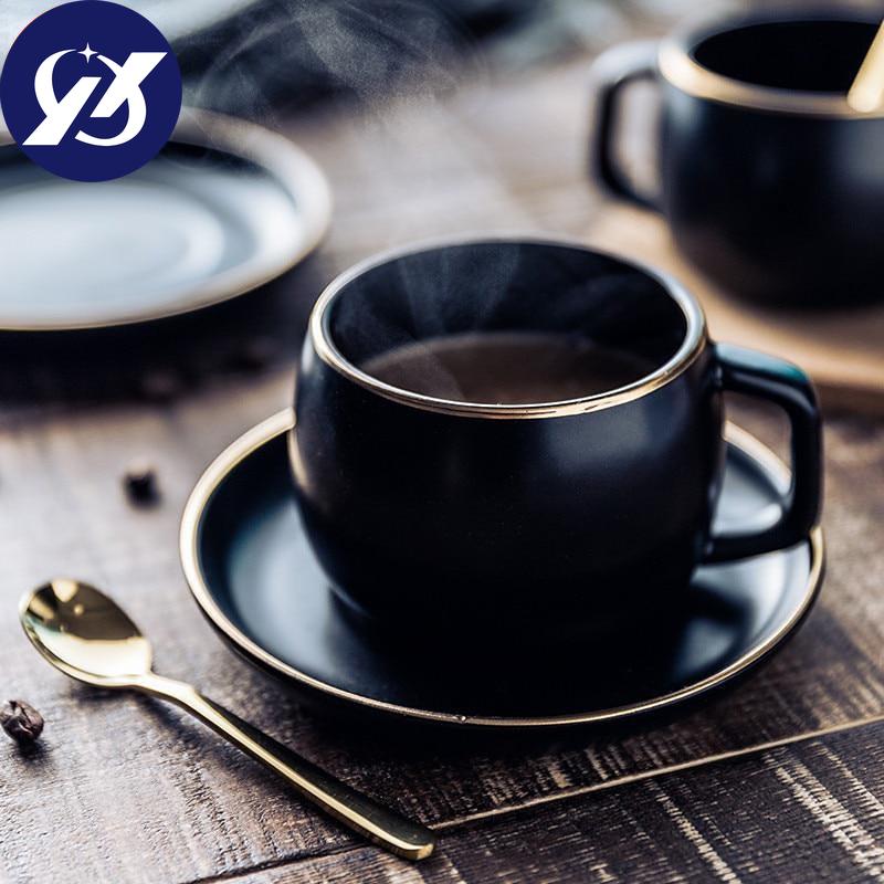 Керамическая чашка для кофе и блюдце, 250 мл, черный пигментированный фарфор, набор чайных чашек с ложкой, набор посуды