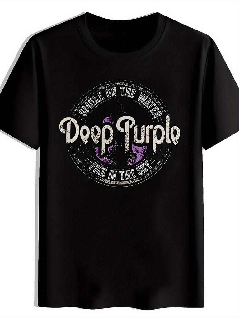 Mens Retro Rock Band Pattern Tshirt Black distressed letter short sleeved top with Deep Purple and retro logo