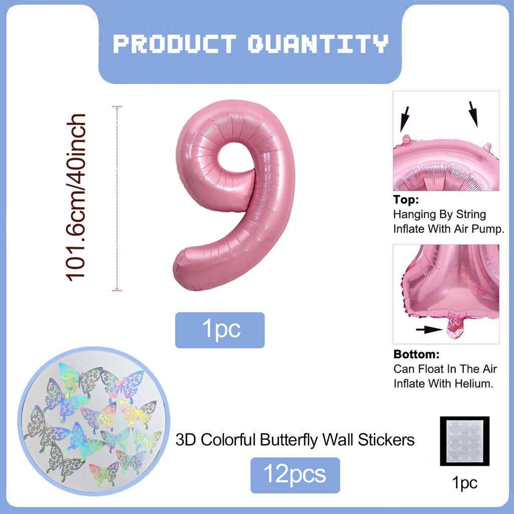 Pink Butterfly Number Balloon, 3D Stereoscopic Butterfly Number 0-9 Used for Anniversary Birthday Party Photography
