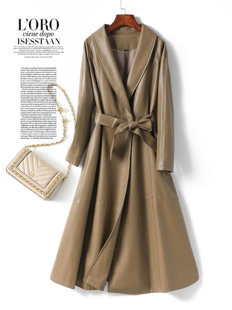 Женское пальто из овчины: Элегантная, со шнуровкой, подчеркивающая талию, длинная юбка в стиле из кожи, Коллекция 2025