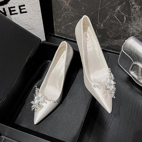 Модные белые туфли на высоком каблуке со стразами для женщин, свадебная обувь для невесты, французские цветочные туфли-лодочки