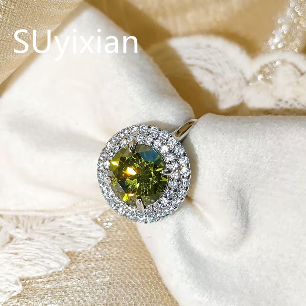 925 Sterling Silver Light Luxury Fashion Green Zircon Ring, Birthday Party Anniversary Gift, Ladies Jewelry