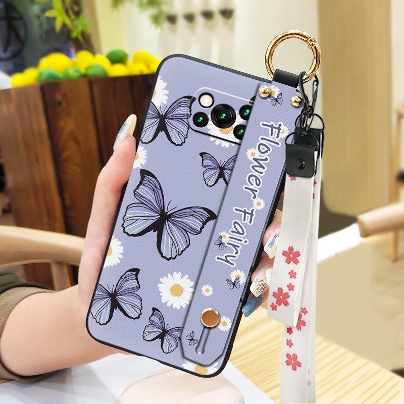 Anti-knock Protective Phone Case For Xiaomi Poco X3 NFC/X3 Pro Durable Oil Painting Phone Holder Wrist Strap Flower Ring