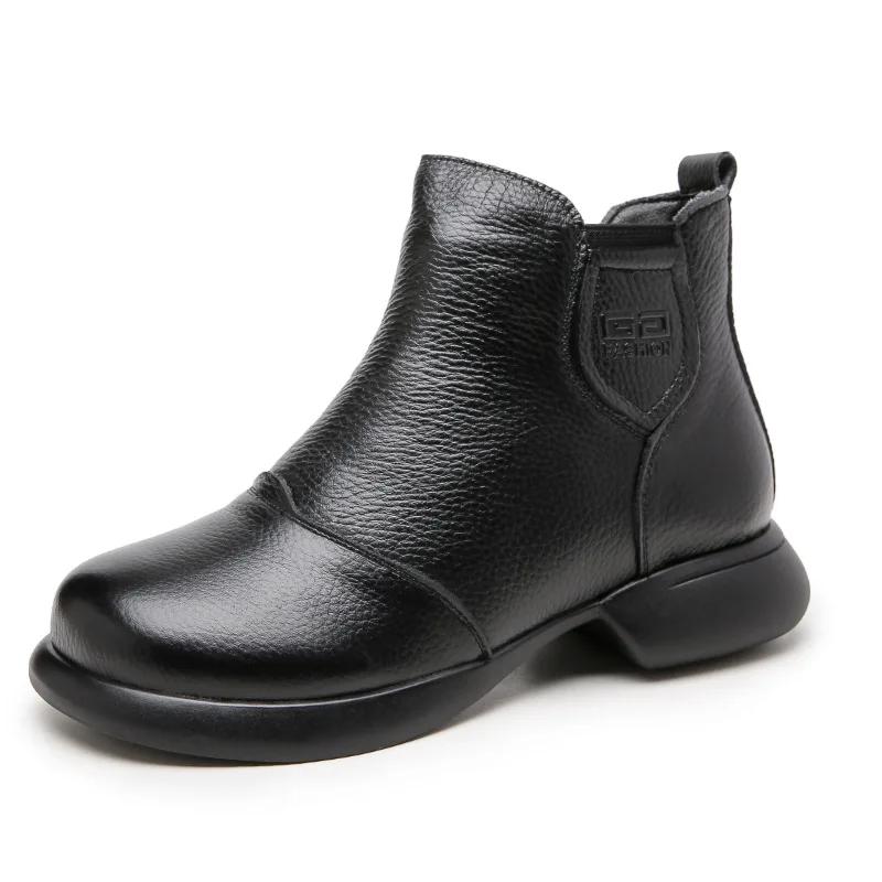 Женские сапоги осенне-зимние плюшевые и теплые хлопковые сапоги из натуральной кожи в стиле ретро с мягкой подошвой, нескользящие, среднего размера, хлопковые туфли для женщин