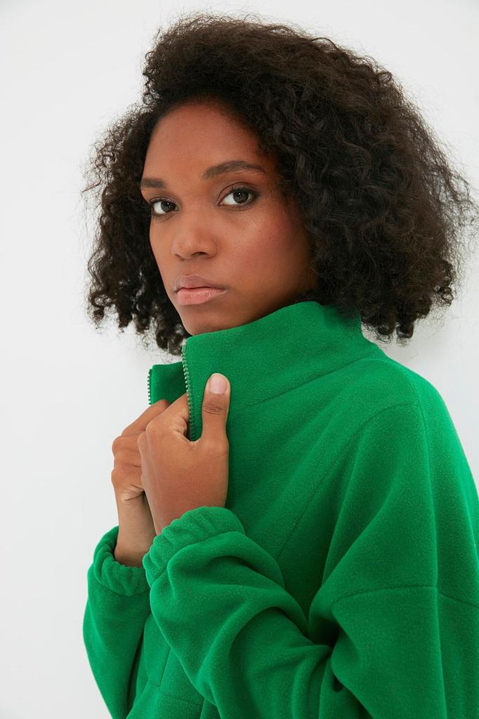 Женская модная стильная толстовка Изумрудно-зеленая флисовая вязаная толстовка с застежкой-молнией
