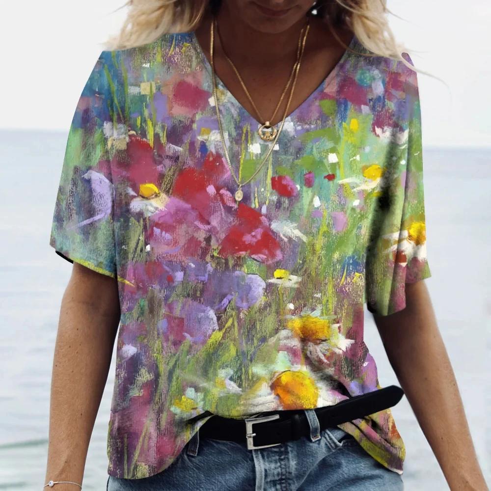 Colorful Floral T-shirt For Women Fashionable V-Neck Tops Tees Female Casual Stylish Short Sleeve Clothing Ladies Vintage Outfit