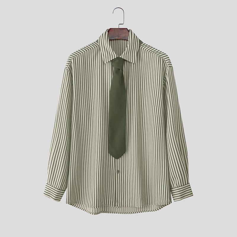 INCERUN S-5XL Men Turn-down Collar Tie Long Sleeve Striped Casual College Style Shirts