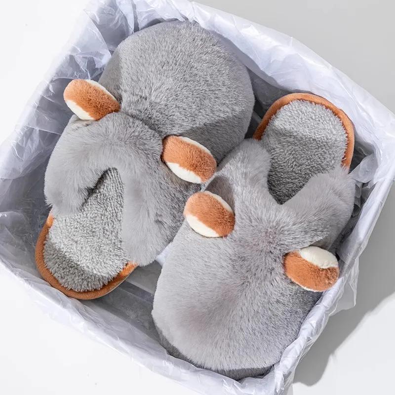 Толстые пушистые тапочки для дома, меховые тапочки с ушками животных, 2024, новые хлопковые тапочки, нескользящие теплые тапочки для спальни