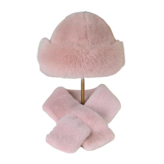 Winter Fuzzy Hat Scarf Set for Women Faux Fur Collar Wrap Scarf Thickened Plush Warm Cap for Cold Weather