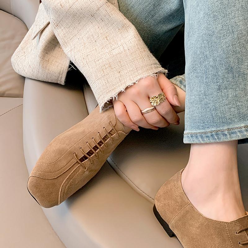 Fashion 2025 Spring Summer New Women Low Heel Square Toe Basic Casual Working Comfortable Flats Soft Genuine Leather Shoes Woman Concise