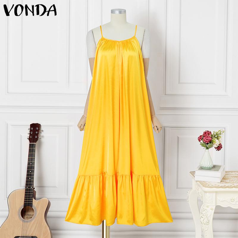 VONDA Летнее женское безрукавное бретелька однотонное атласное повседневное пляжное свободное макси-плиссированное платье