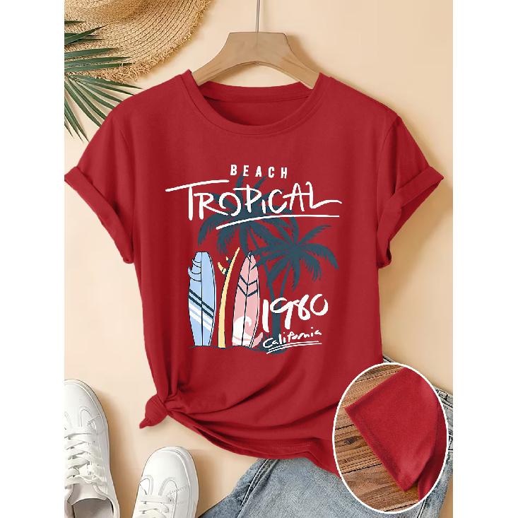 Women's Elegant Short Sleeve Gift with Coconut Tree Surfboard California Beach Print Pattern Vintage Round Neck T Fresh and natural style