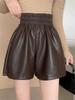 Autumn/Winter 2023 Women's High Waist PU Leather A-Line Shorts - Versatile, Slim Fit, Elastic Waist, Wide-Leg Design.