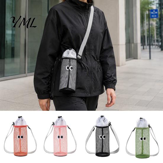 Outdoor Travel Bottle Accessory Mesh Drawstring Crossbody Cup Holder, Adjustable Strap Breathable Water Carrier Sling Bag, Cute Cartoon Pattern Pouch