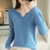 Весенне-осенняя женская трикотажная однобортная рубашка с v-образным вырезом, однотонный свитер с длинными рукавами, трикотажные топы