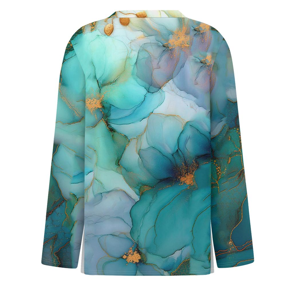 Women's Fashion Casual Slit Hem Round Neck Long Sleeve Loose  Printed T-Shirt Ladies Top