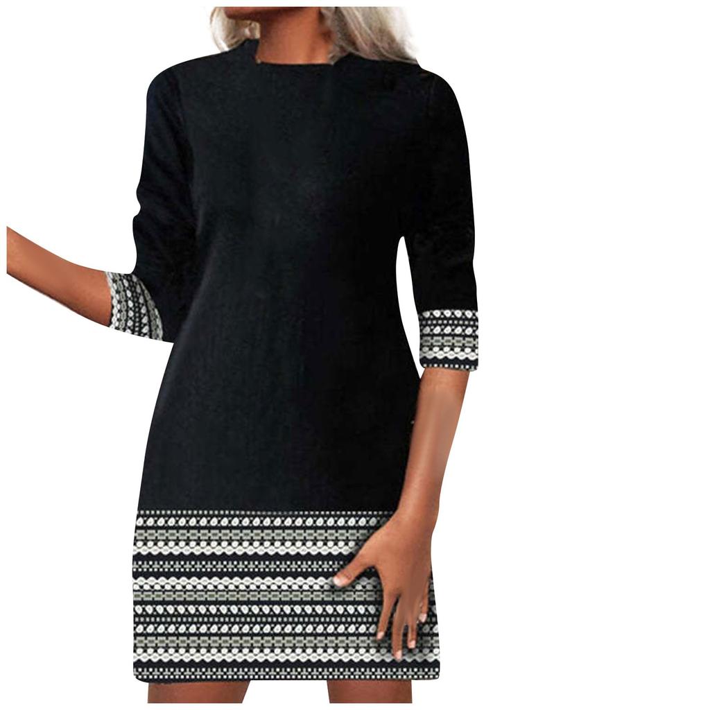 Женское удобное повседневное платье в этническом стиле с длинным рукавом и круглым вырезом