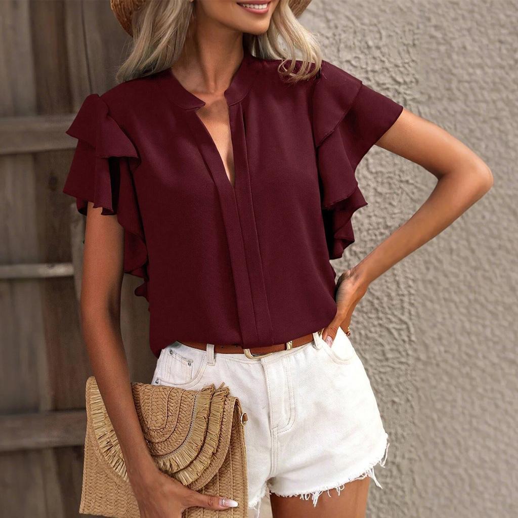 Женская однотонная рубашка с V-образным вырезом и двухслойными рукавами