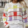 Women's Autumn and Winter O-Neck Colorblocking Knit Sweater Big Size Loose Pullover Long Sleeve Sweater