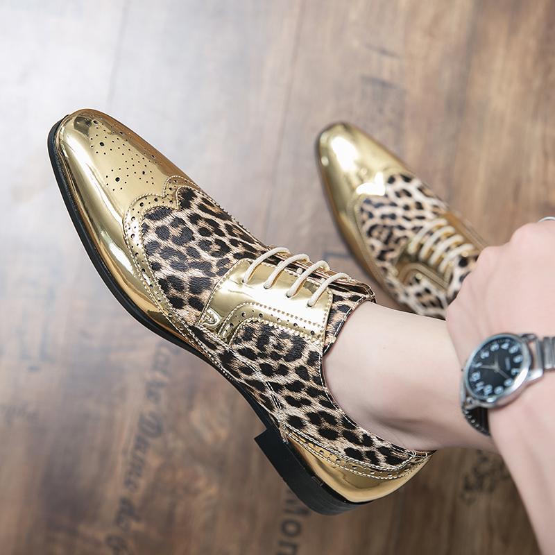 Fashion Pointed Toe Leopard Print Mens Leather Shoes Brogue Shoes Men Business Lace-up Oxford Prom Evening Dresses Chelsea Leather Shoes